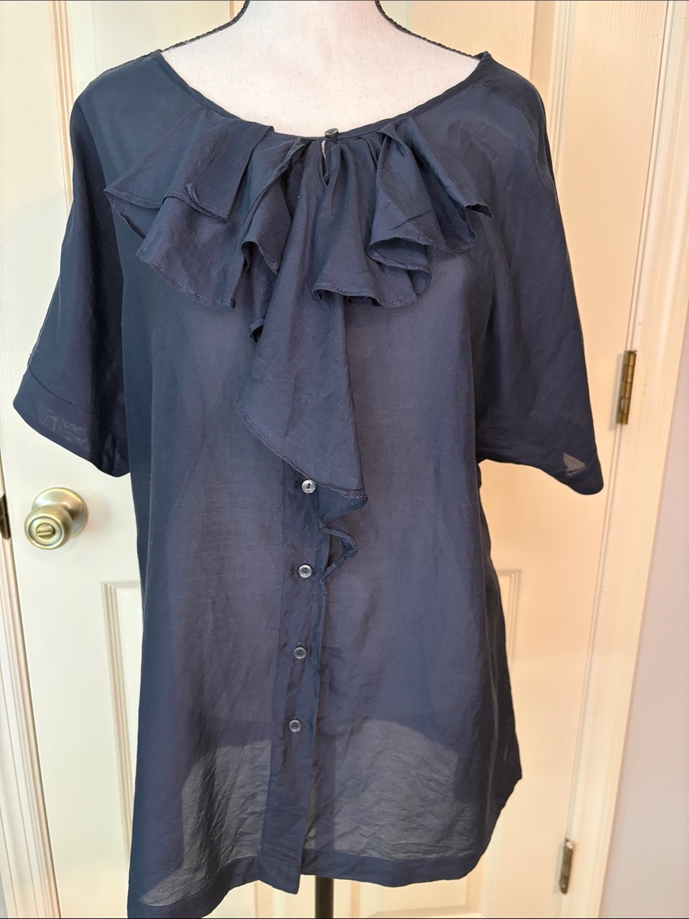 GAP Ruffle Front Semi-Sheer Cotton Silk Black Blouse Sz XL